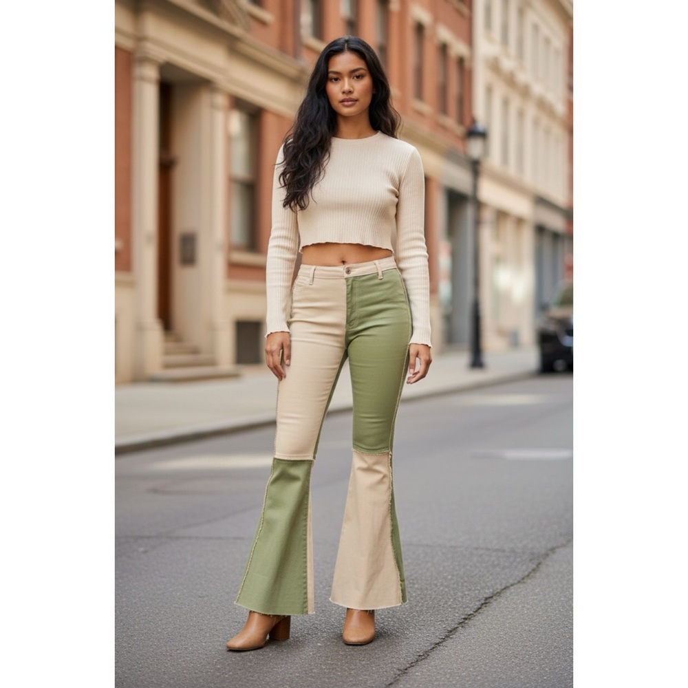 Peach Love Sage & Tan Color Block Flares | 90s Retro Denim - Picture 8 of 9